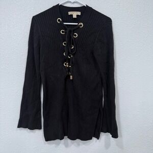 Michael Kors Black Ribbed Lace Up Bell Sleeve Sweater Top Womens Medium